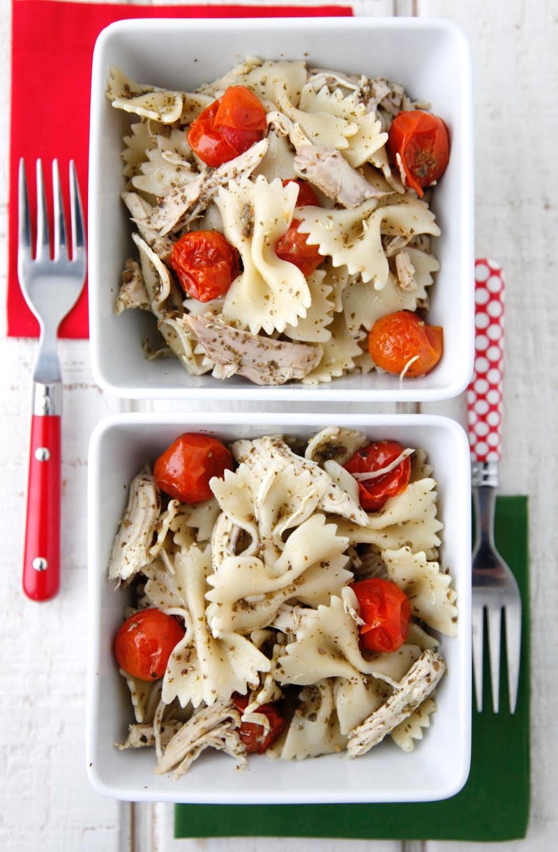 Pesto Pasta with Roast Chicken and Cherry Tomatoes from Weelicious