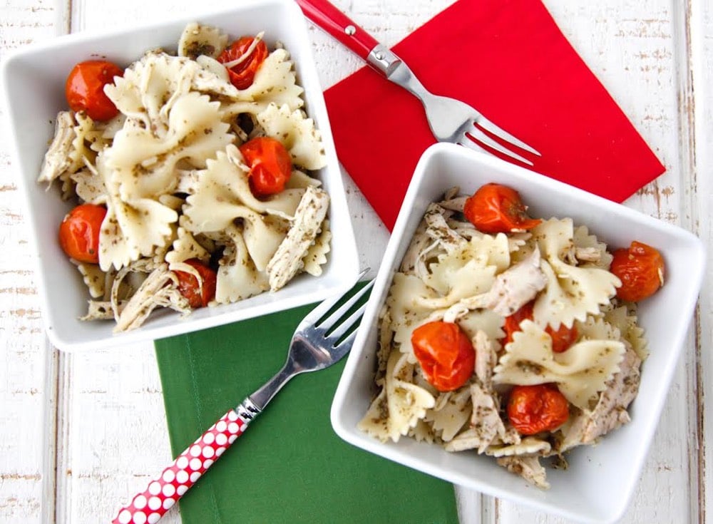 Pesto Pasta with Roast Chicken and Cherry Tomatoes from Weelicious